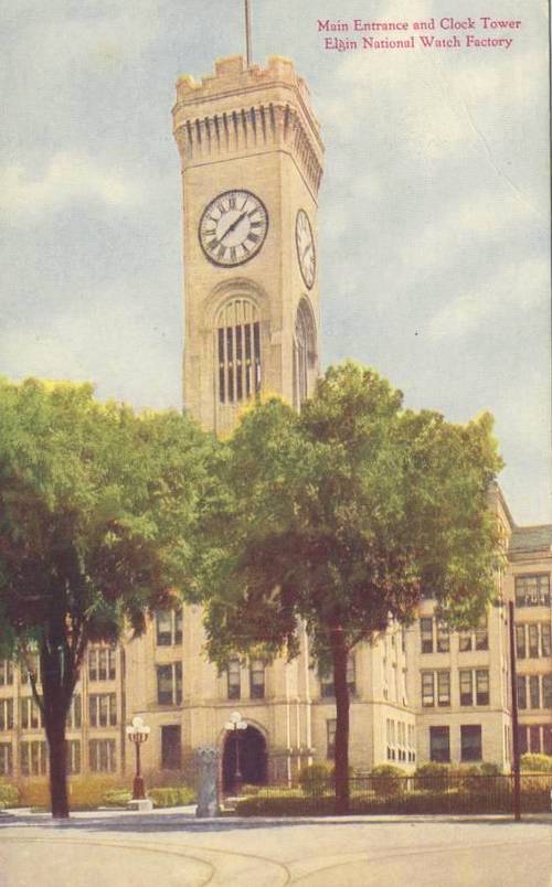 POSTCARD - CHICAGO - ELGIN NATIONAL WATCH FACTORY - MAIN ENTRANCE AND CLOCK TOWER - 1910