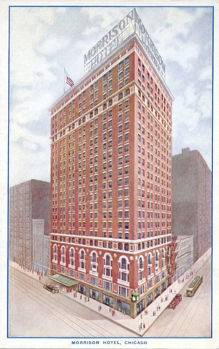 POSTCARD - CHICAGO - MORRISON HOTEL - CORNER AERIAL VIEW - NOTE ROOF SIGN AND CORNER CLOCK - TINTED - 1925