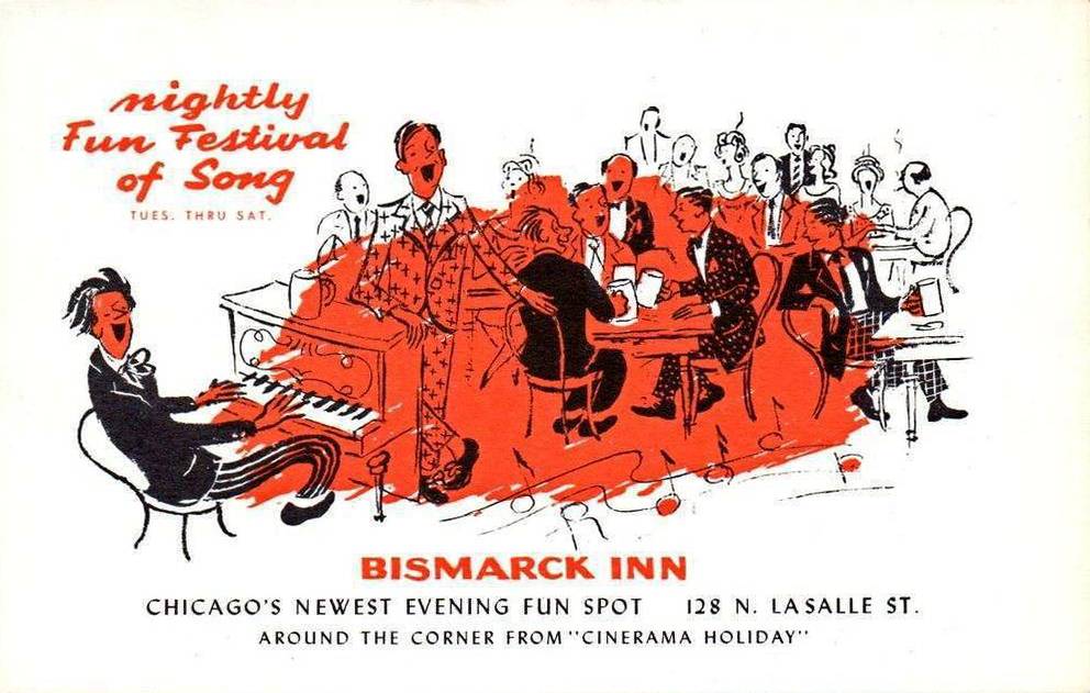 POSTCARD - CHICAGO - BISMARCK HOTEL - BISMARCK INN (NIGHTCLUB) - 128 N LA SALLE - NIGHTLY FUN FESTIVAL OF SONG - AROUND THE CORNER FROM CINERAMA - CARTOON OF BAND AND CUSTOMERS - 1950s