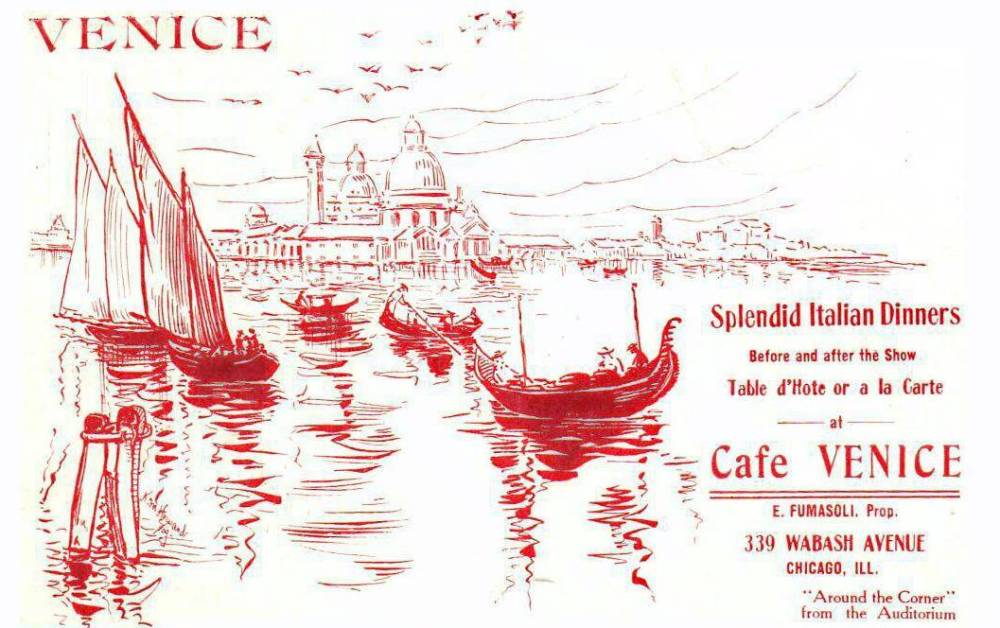 POSTCARD - CHICAGO - CAFE VENICE - 339 WABASH AVE - ARTWORK - SPLENDID ITALIAN DINNERS - AROUND THE CORNER FROM THE AUDITORIUM - c1960