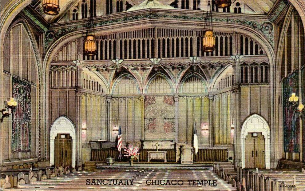 POSTCARD - CHICAGO - CHICAGO METHODIST TEMPLE - 77 W WASHINGTON - OPENED 1924 - SANCTUARY INTERIOR - ORGAN HAS 6300 PIPES - NOONDAY ORGAN MEDITATIONS DAILY - CHURCH OPEN EVERY DAY FOR MEDITATION AND PRAYER - NICE VERSION