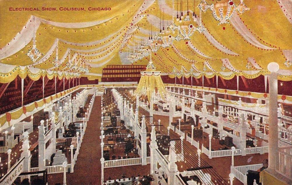 POSTCARD - CHICAGO - COLISEUM - 15TH AND WABASH - INTERIOR - ELECTRICAL SHOW - TINTED - 1911