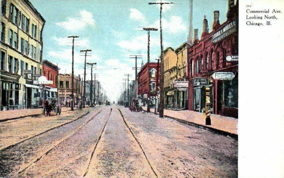 POSTCARD - CHICAGO - COMMERCIAL AVE- SOUTH CHICAGO - LOOKING N - THE HEAVY TINTING MAKES IT LOOK A BIT LIKE A UTRILLO PAINTING - 1908