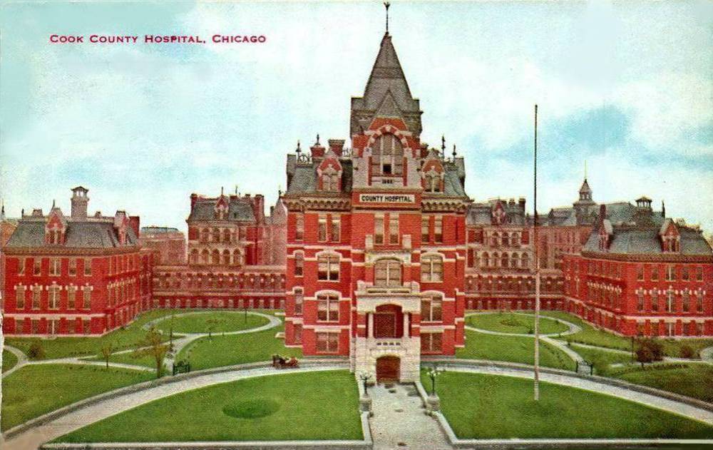 POSTCARD - CHICAGO - COOK COUNTY HOSPITAL - EARLIER VICTORIAN CAMPUS OF BUILDINGS - ADDRESS UNKNOWN - AERIAL PANORAMA -TINTED - 1912