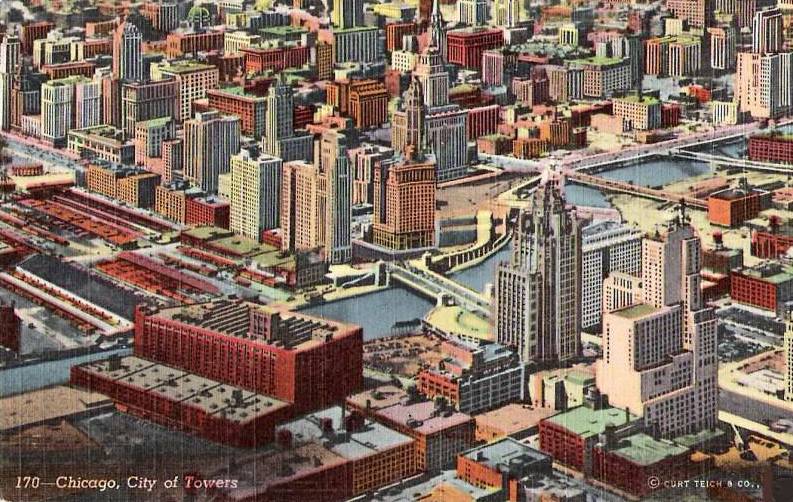 POSTCARD - CHICAGO - DOWNTOWN AERIAL PANORAMA - LOOKING S W FROM N OF RIVER - ILLINOIS CENTRAL ON LEFT - CALLED CITY OF TOWERS - STYLIZED TINTED - 1951
