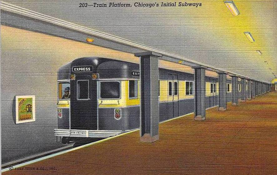 POSTCARD - CHICAGO - FIRST SUBWAY - STATE STREET - TRAIN PLATFORM AND TRAIN - TINTED - NICE VERSION - 1947