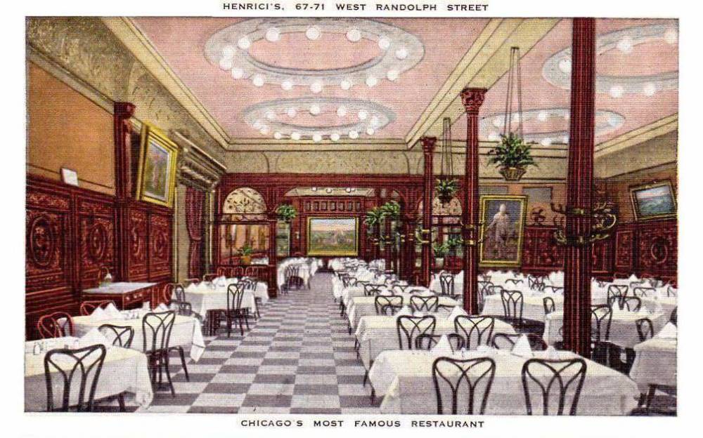 POSTCARD - CHICAGO - HENRICI'S RESTAURANT - 67-71 W RANDOLPH STREET - DINING ROOM INTERIOR - CHAIRS ARE DIFFERENT THAN LATER VERSIONS OF THE CARD - ROOM THE SAME EXCEPT CEILING STOPPED BEING PINK - TINTED - MAYBE 1930s