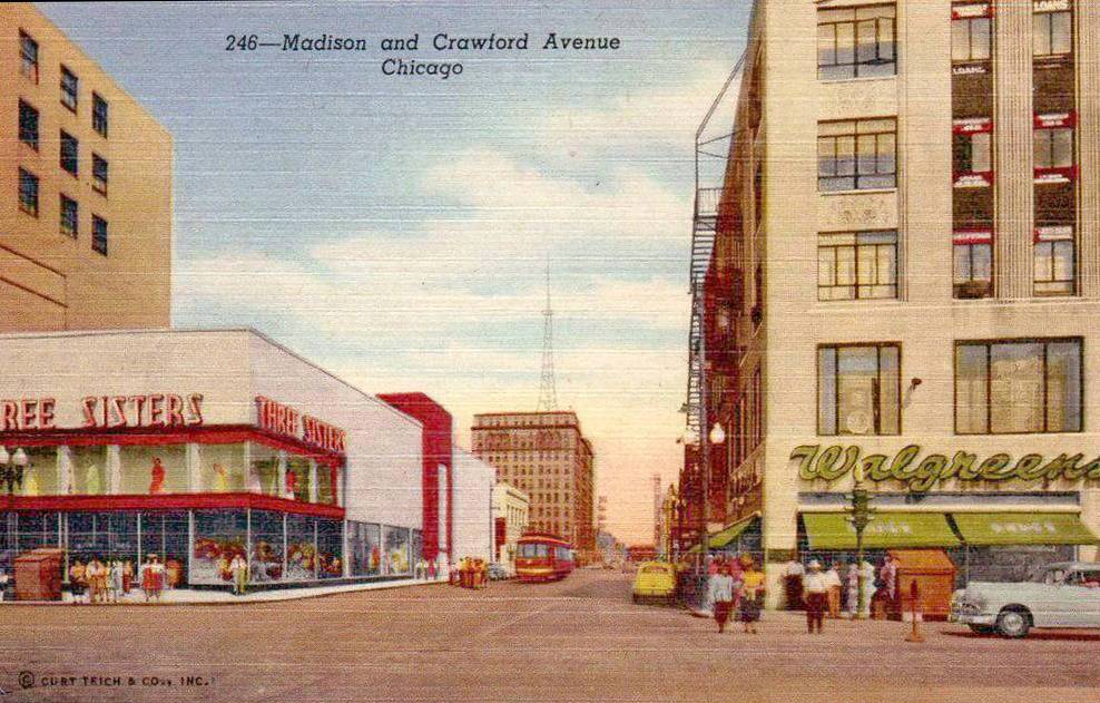 POSTCARD - CHICAGO - MADISON AND CRAWFORD AVE - STREET LEVEL LOOKING NW - A WEST SIDE SHOPPING DISTRICT - THREE SISTERS STORE AND WALGREEN'S - c1950
