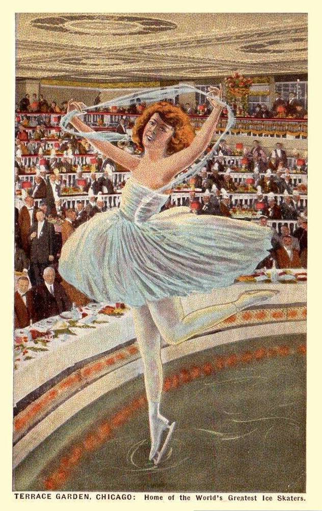 POSTCARD - CHICAGO - MORRISON HOTEL - MADISON AND CLARK - TERRACE GARDEN RESTAURANT - WOMAN ICE SKATER WEARING BALLET-LIKE OUTFIT IN POSE - HOME OF THE WORLD'S GREATEST ICE SKATERS - OPENED 1925 RAZED 1965 - TINTED - 1920s