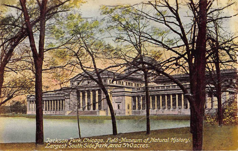 POSTCARD - CHICAGO - MUSEUM OF SCIENCE AND INDUSTRY - THEN TEMPORARILY FIELD MUSEUM - SOUTH-FACING SIDE ON LAGOON - JACKSON PARK - TINTED - 1910