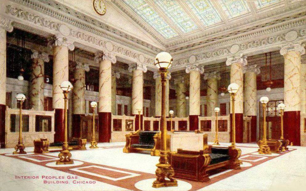 POSTCARD - CHICAGO - PEOPLES GAS BUILDING - 122 S MICHIGAN AT ADAMS - LOBBY INTERIOR - OPENED 1911 - TINTED - 1914
