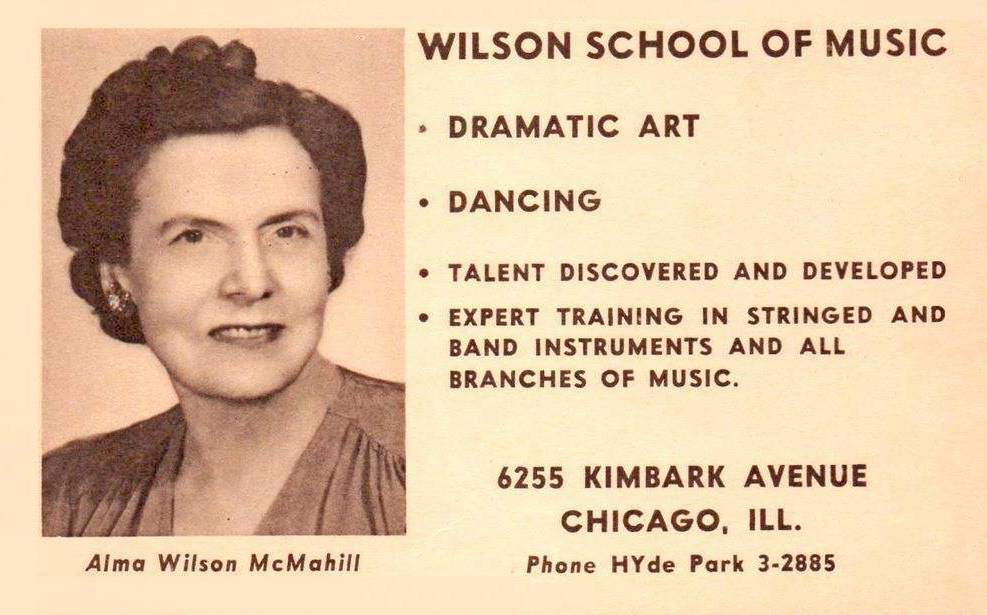POSTCARD - CHICAGO - WILSON SCHOOL OF MUSIC - 6255 KIMBARK AVE - ALMA WILSON MCMAHILL - 1950