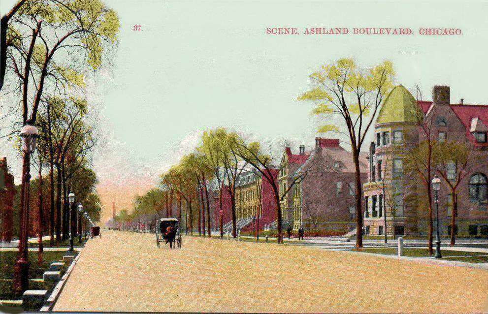 POSTCARD - CHICAGO - ASHLAND BLVD - GROUND LEVEL - GRACIOUS TREE-LINED NEIGHBORHOOD - NOTE STONE BLOCKS FOR GETTING IN AND OUT OF CARRIAGES LOWER LEFT - TINTED - 1911