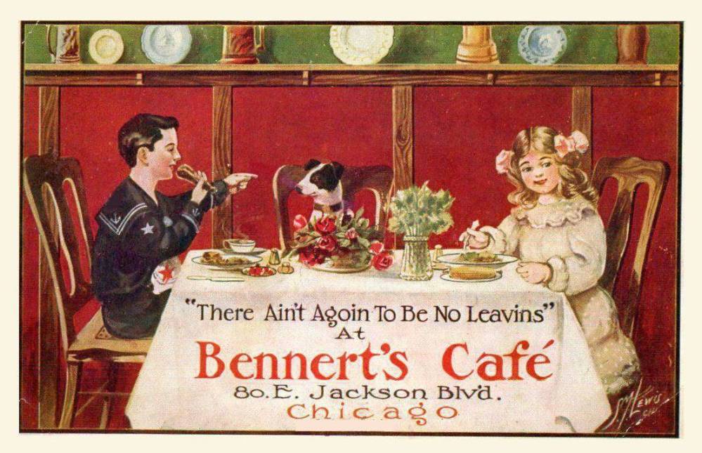 POSTCARD - CHICAGO - BENNERT'S CAFE - 80 E JACKSON BLVD - CARTOON F BOY AND GIRL AND DOG EATING AT TABLE WITH TABLE CLOTH AND FLOWERS - TINTED - NICE VERSION - 1910