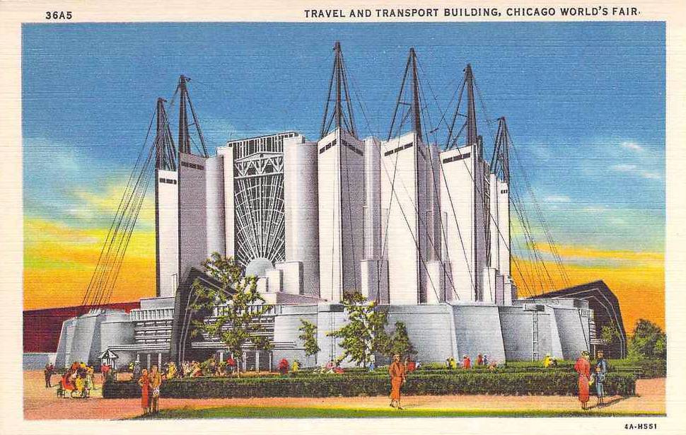 POSTCARD - CHICAGO - CENTURY OF PROGRESS WORLD 'S FAIR - TRAVEL AND TRANSPORT BUILDING - TINTED - 1933