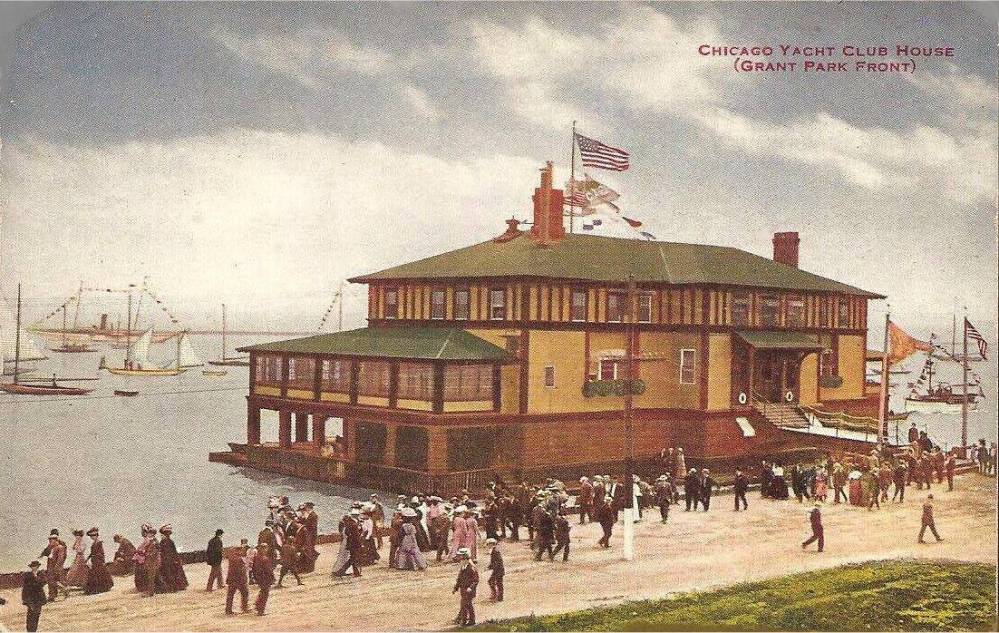POSTCARD - CHICAGO - CHICAGO YACHT CLUB HOUSE - GRANT PARK FRONT - AERIAL LOOKING E TOWARDS LAKE - LOTS OF PEOPLE - TINTED - c1910