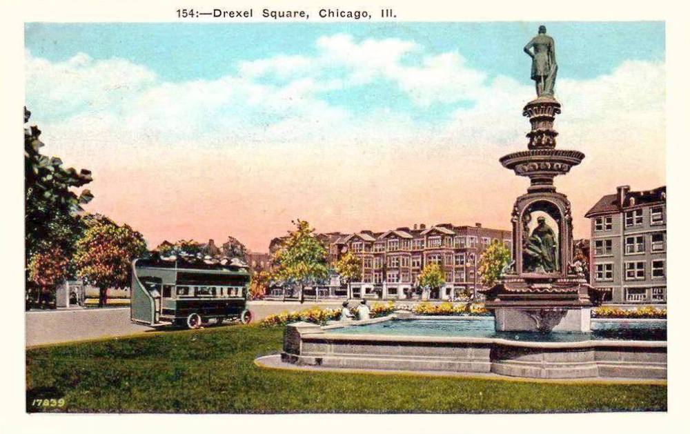 POSTCARD - CHICAGO - DREXEL SQUARE - FOUNTAIN - DOUBLE-DECKER BUS - TINTED - 1925