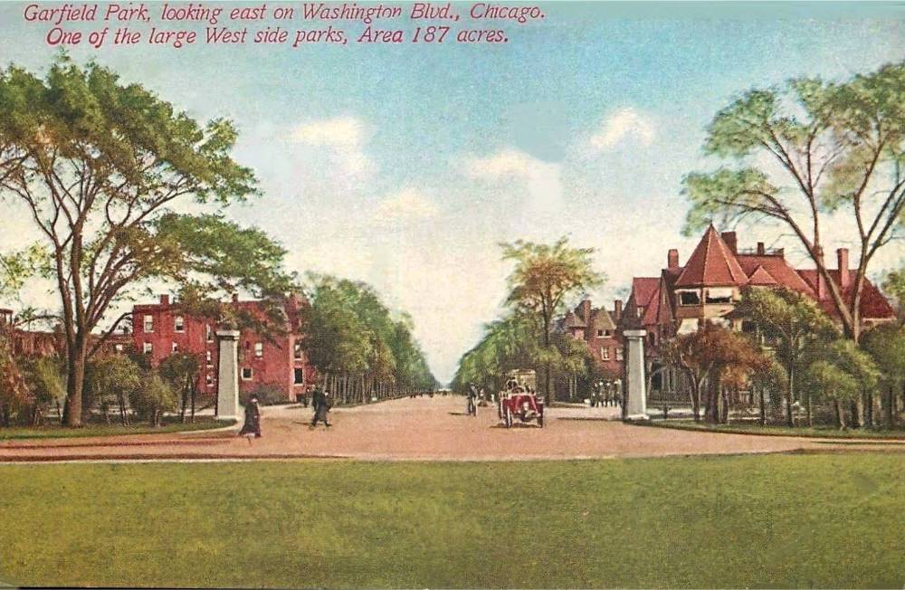 POSTCARD - CHICAGO - GARFIELD PARK - LOOKING E ON WASHINGTON BLVD - WEST SIDE PARK - 187 ACRES - TINTED - 1914