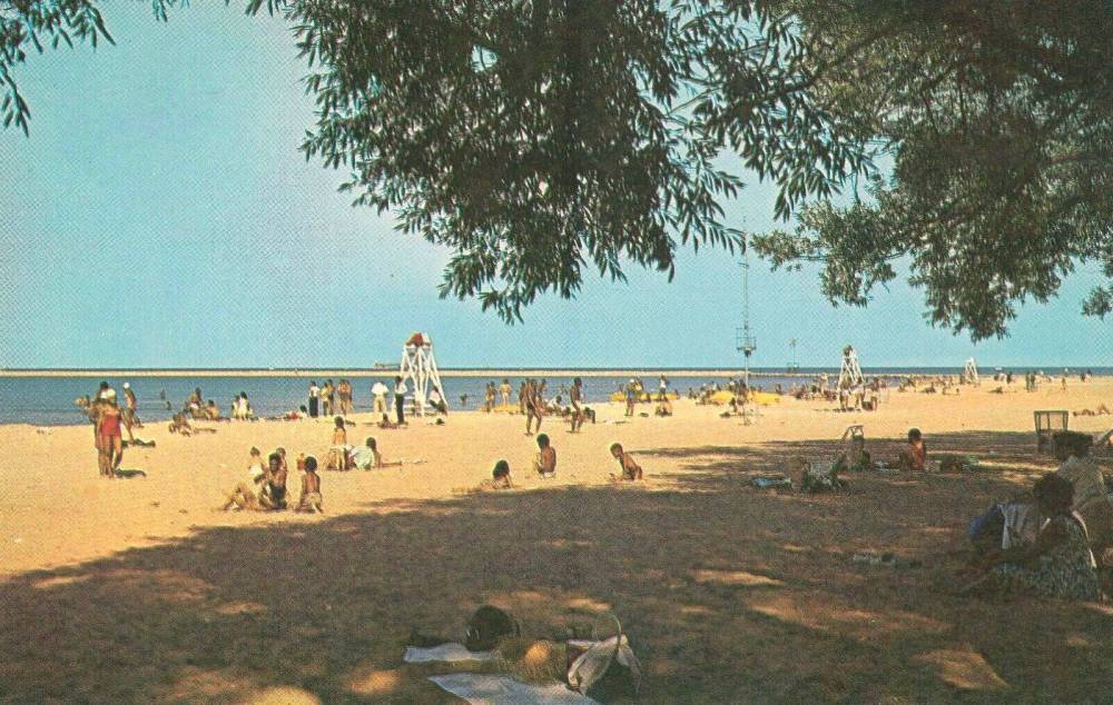 POSTCARD - CHICAGO - JACKSON PARK BEACH - PANORAMA OF BEACH AND WATER FROM UNDER TREES - PART OF CITY BEAUTIFUL SERIES - c1964