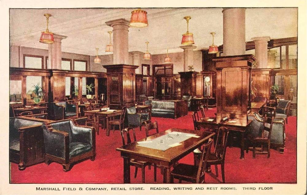 POSTCARD - CHICAGO - MARSHALL FIELD AND COMPANY DEPARTMENT STORE - READING AND WRITING AND REST ROOMS - THIRD FLOOR - SEND LETTERS TELEGRAMS CABLES - CHECK TIME TABLES - BUY THEATER TICKETS AND TRAVEL CHEQUES - c1930