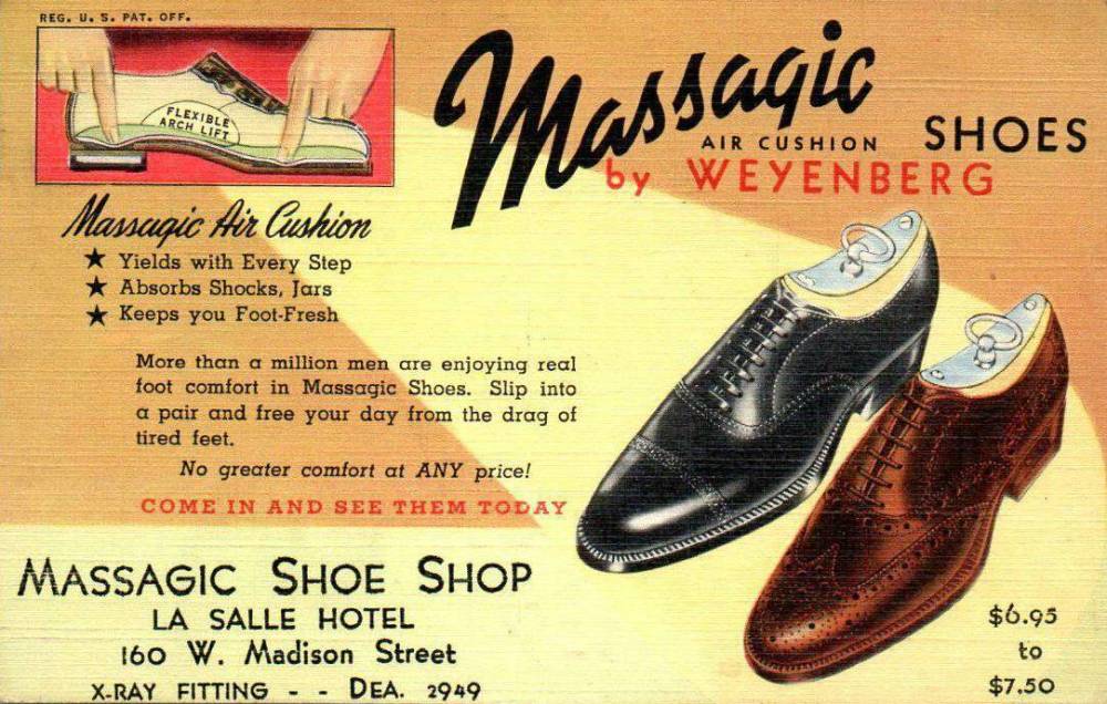 POSTCARD - CHICAGO - MASSAGIC SHOE STORE - STORE IN LA SALLE HOTEL - 160 W MADISON - AIR CUSHION SHOES - X-RAY FITTING - $6.95 TO $7.50 - TINTED - 1941