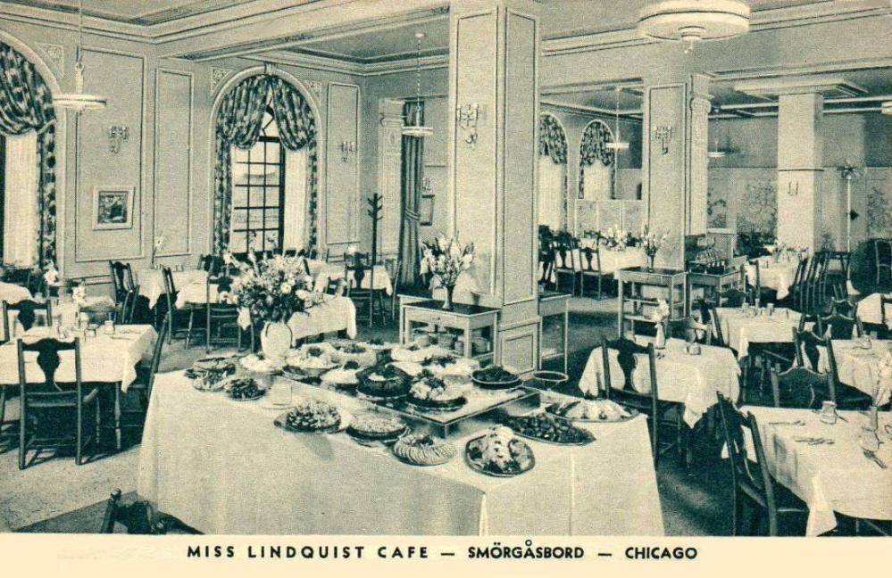 POSTCARD - CHICAGO - MISS LINDQUIST CAFE - THE BROADVIEW HOTEL - 5540 S HYDE PARK BLVD (NOTE E AND W HYDE PARK BLVD ARE 51ST STREET) - DINING ROOM INTERIOR - SMORGASBORD - REALLY NICE VERSION - c1940s