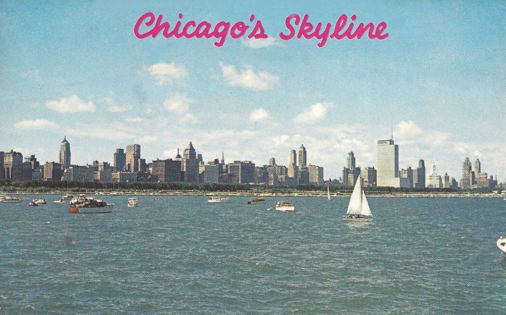 POSTCARD - CHICAGO - SKYLINE ON LAKE MICHIGAN - PANORAMA FROM WATER LOOKING NE - BOATS IN HARBOR - BUILDINGS ON MICHIGAN AND RANDOLPH IN DISTANCE - PART OF CITY BEAUTIFUL SERIES - 1964