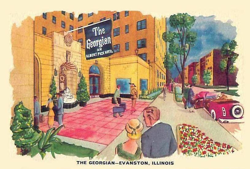 POSTCARD - CHICAGO - THE GEORGIAN HOTEL - ALBERT PICK HOTEL - HINMAN AND DAVIS - WATERCOLOR DRAWING - EVANSTON - CHRYSTAL DINING ROOM - DUNCAN HINES RECOMMEND -1950s