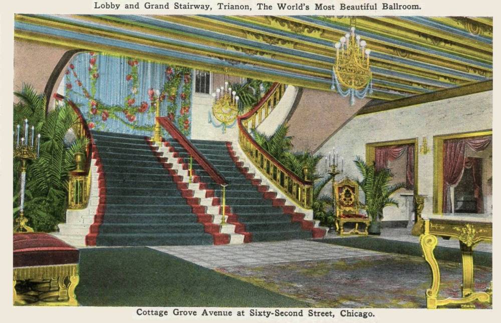 POSTCARD - CHICAGO - TRIANON BALLROOM - LOBBY AND GRAND STAIRWAY - COTTAGE GROVE AT 62ND STREET - TINTED - MAYBE 1920s