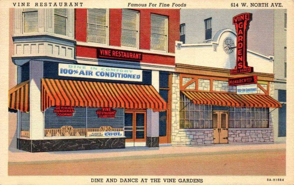 POSTCARD - CHICAGO - VINE RESTAURANT - 614 W NORTH - CORNER STREET LEVEL VIEW - DINE AND DANCE - NOTE 100% AIR CONDITIONED SIGN - TINTED - REALLY NICE VERSION - 1939