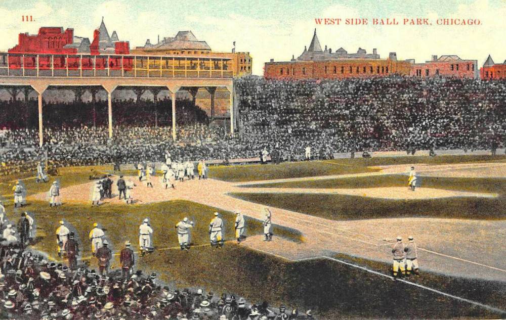 POSTCARD - CHICAGO - WEST SIDE BALL PARK - BOUNDED BY POLK TAYLOR WOOD AND LINCOLN - PANORAMA - PLAYERS WARMING UP - BIG CROWD IN STANDS - CHICAGO CUBS - TINTED - 1911