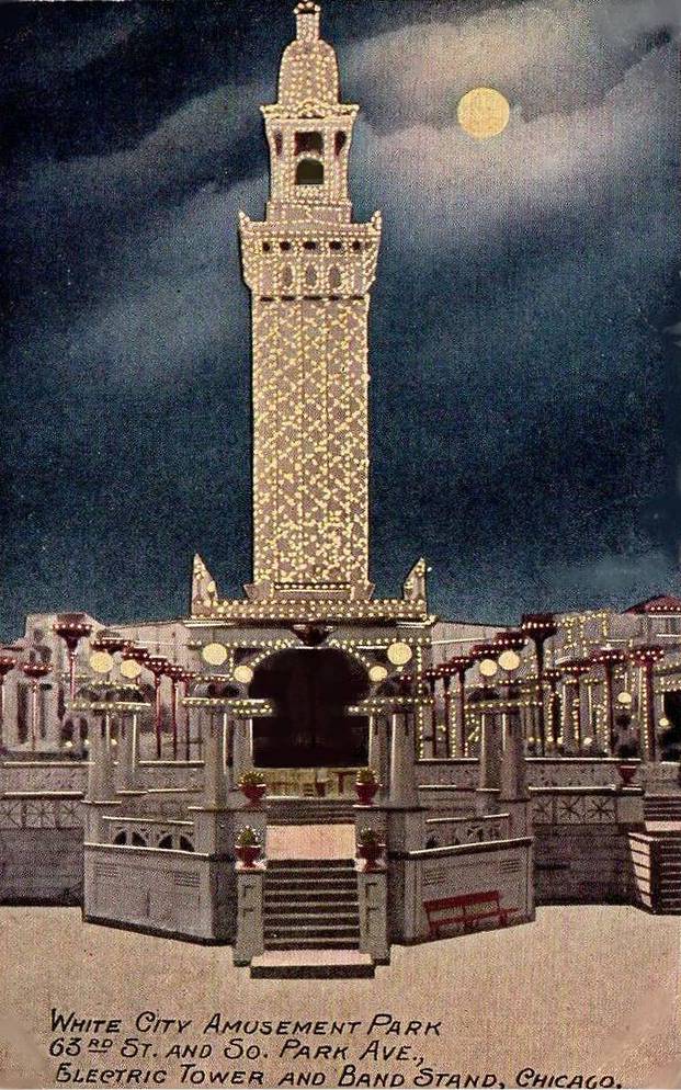 POSTCARD - CHICAGO - WHITE CITY AMUSEMENT PARK - ELECTRIC TOWER AND BAND STAND - FAKE NIGHT - 63RD STREET AND SOUTH PARK AVE - TINTED - 1916