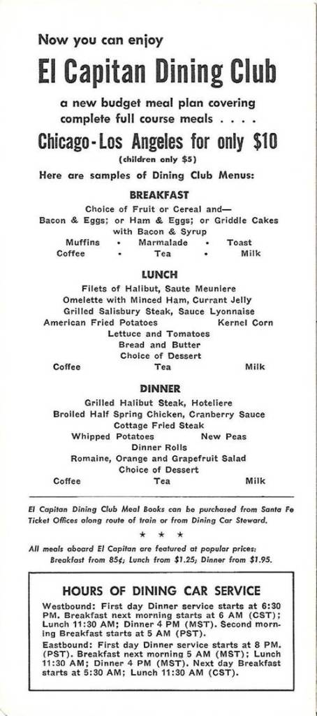 X BROCHURE - CHICAGO - SANTA FE RAIL'S EL CAPITAN TRAIN CHICAGO - LOS ANGELES DAILY 1938-1971 - FOOD SERVICE INFORMATION - 1961