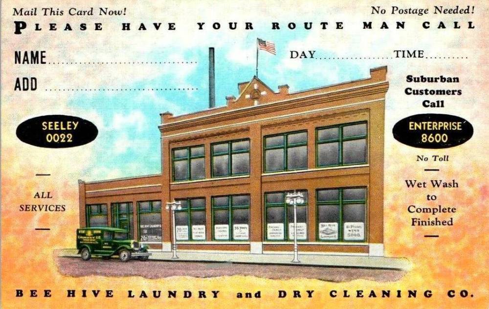 X POSTCARD - CHICAGO - BEE HIVE LAUNDRY AND DRY CLEANING COMPANY - STREET IMAGE OF PLANT AND PARKED TRUCK - CUSTOMER SERVICE CALL REQUEST CARD - FREE POSTAGE - WET WASH TO COMPLETE FINISH - TINTED - c1930