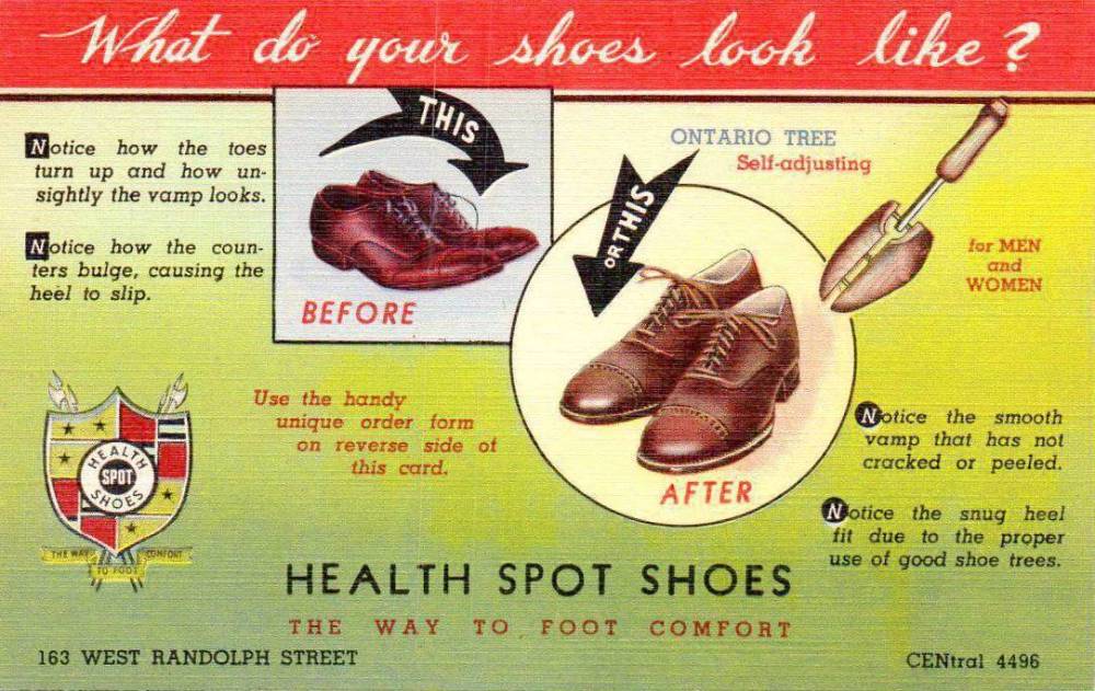 X POSTCARD - CHICAGO - HEALTH SPOT SHOES -- 163 W RANDOLPH - SHOE TREES FOR MEN AND WOMEN - 1940s