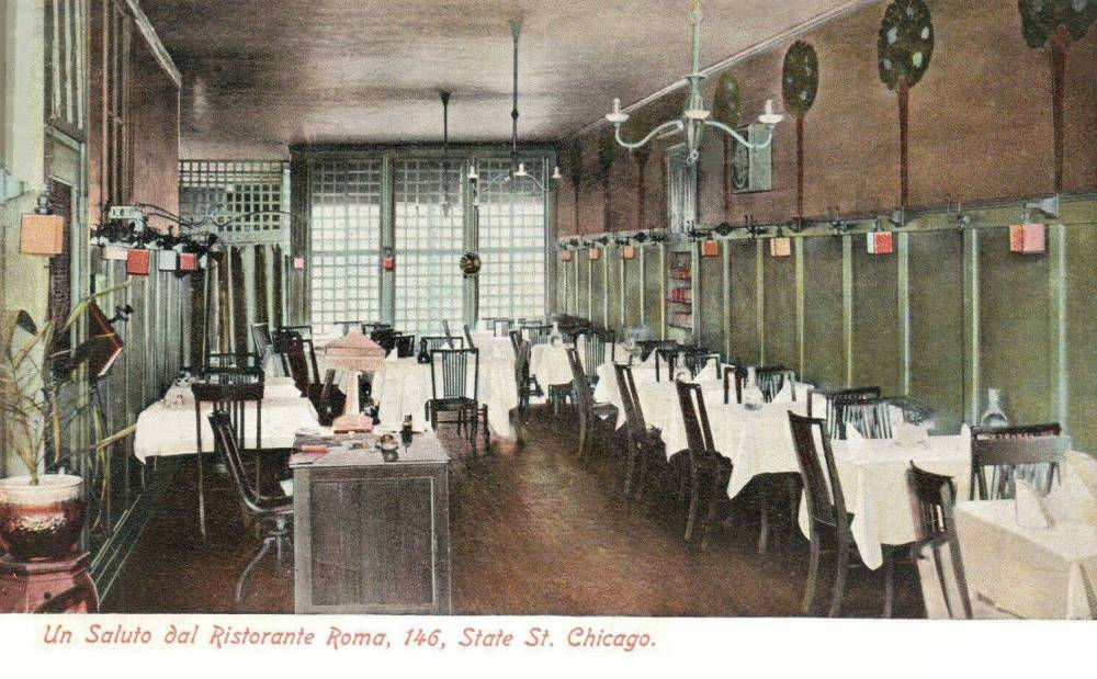 X POSTCARD - CHICAGO - UN SALUTO DAL RISTORANTE ROMA - 146 STATE STREET - DINING ROOM INTERIOR - TINTED - ANOTHER VERSION - 1900s