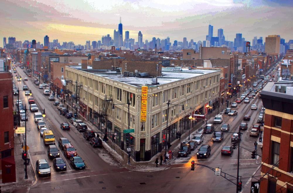 A PHOTO - FLAT IRON ARTS BUILDING - 1579 N MILWUKEE AVE WICKER PARK NEIGHBORHOOD - AERIAL PANORAMA WITH SKYLINE IN DISTANCE - 2010 - EDITED FROM DAVID HOROWITZ.jpg