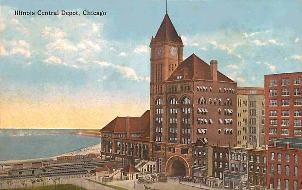 A POSTCARD - CHICAGO - ILLINOIS CENTRAL DEPOT - MICHIGAN AVE AND 12TH STREET FACING GRANT PARK - AND ASSOCIATED BUILDINGS - RAILROAD ON LOWER LEFT - AERIAL LOOKING SE - TINTED - 1910s