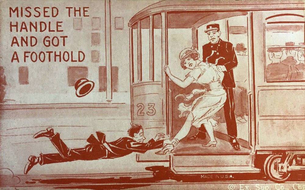 A ARCADE CARD - CHICAGO - JOKE CARTOON OF WOMAN ON STREETCAR AND MAN TRYING TO GRAB ON