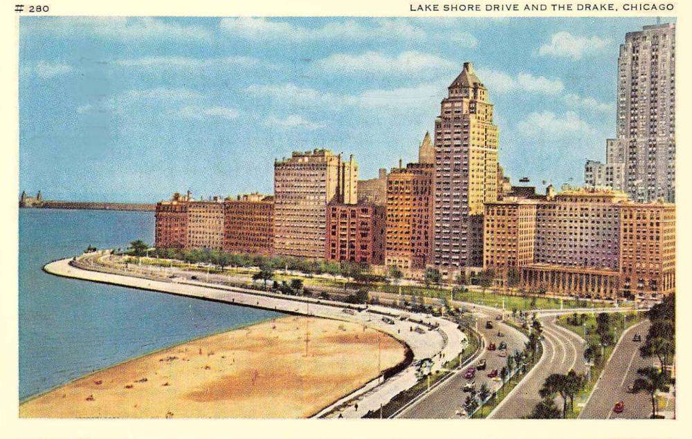 A POSTCARD - CHICAGO - BOULEVARD LINK CONNECTING LAKE SHORE DRIVE AND UPPER MICHIGAN AVE - AERIAL PANORAMA LOOKING S - DRAKE HOTEL - OAK STREET BEACH - NAVY PIER IN DISTANCE - TINTED - 1944