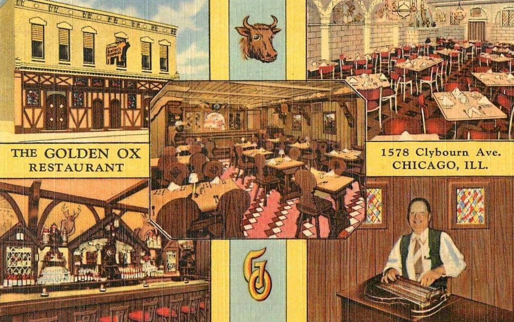 A POSTCARD - CHICAGO - GOLDEN OX RESTAURANT - 1578-80 CLYBOURN AVE - ON NEAR NORTH SIDE - REOMMENDED BY DUNCAN HINES - FIVE IMAGES - 1951