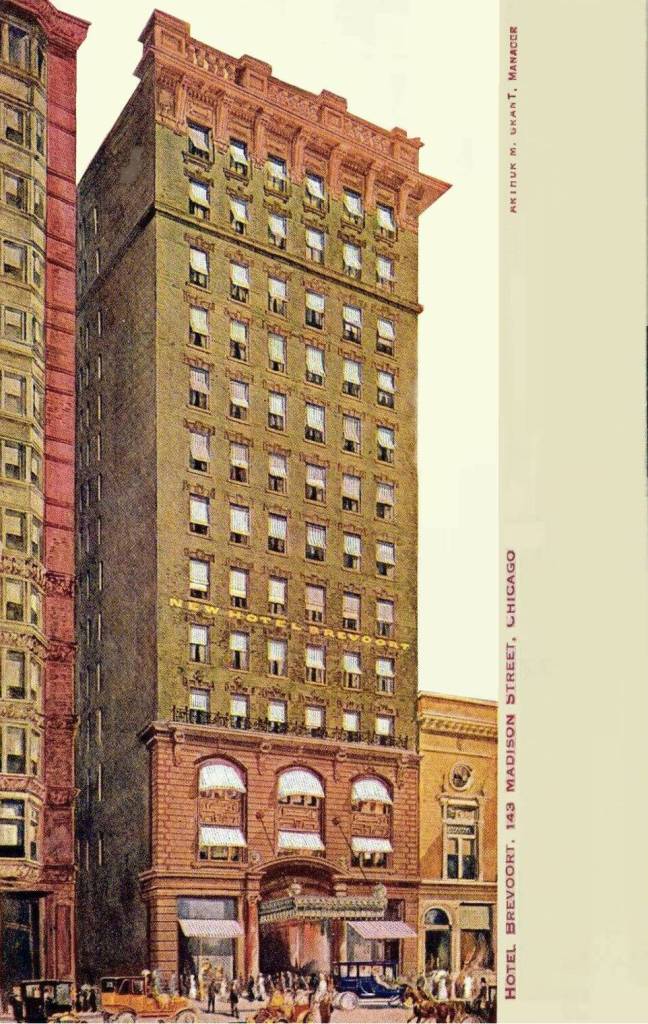 A POSTCARD - CHICAGO - HOTEL BREVOORT - 143 MADISON STREET - GROUND LEVEL FROM ACROSS STREET - TINTED - c1910