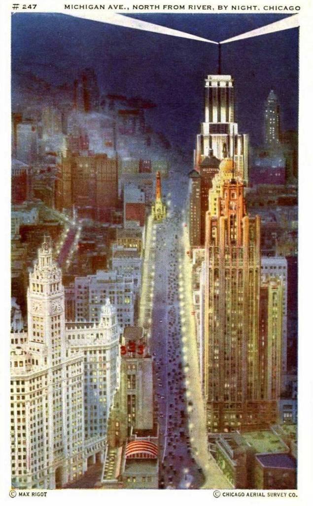 A POSTCARD - CHICAGO - MICHIGAN AVE N FROM RIVER - NIGHT - AERIAL - MAX RIGOT - TINTED - LATE 1920s