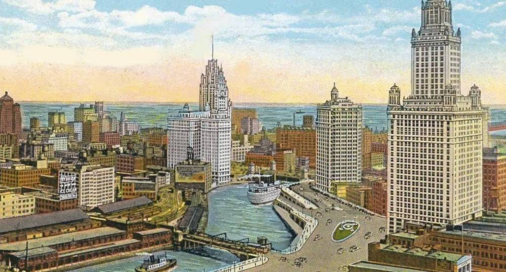 A POSTCARD - CHICAGO - RIVER AND WACKER DRIVE AT WABASH BRIDGE - AERIAL PANORAMA LOOKING E - JEWELERS' BUILDING ON RIGHT (1927) - WRIGLEY BUILDING (1924) LEFT CENTER - TINTED - LATE1920s