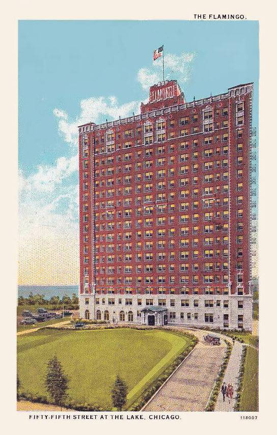 A POSTCARD - CHICAGO - THE FLAMINGO HOTEL - 55TH STREET AT THE LAKE - DINING ROOM - FOOD SHOP - SODA FOUNTAIN - 144 APARTMENT SUITES - 16 HOTEL ROOMS WITH BATH - TINTED - 1928