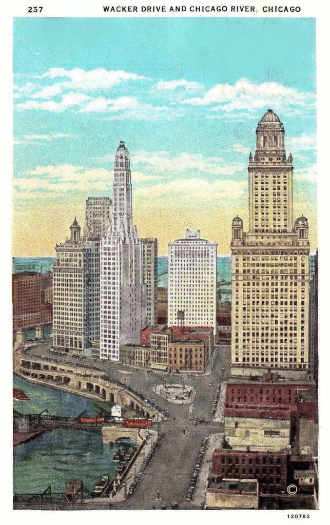 A POSTCARD - CHICAGO - WACKER DRIVE AND CHICAGO RIVER - AERIAL LOOKING E TOWARDS LAKE - TINTED - 1931