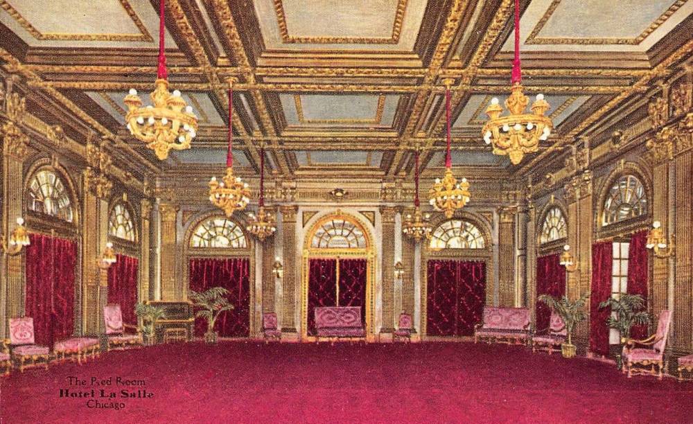 POSTCARD - CHICAGO - HOTEL LA SALLE - THE RED ROOM - TINTED - 1910