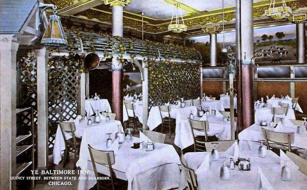 POSTCARD - CHICAGO - YE BALTIMORE INN - RESTAURANT DINING ROOM - QUINCY STREET BETWEEN STATE AND DEARBORN - TINTED - 1914