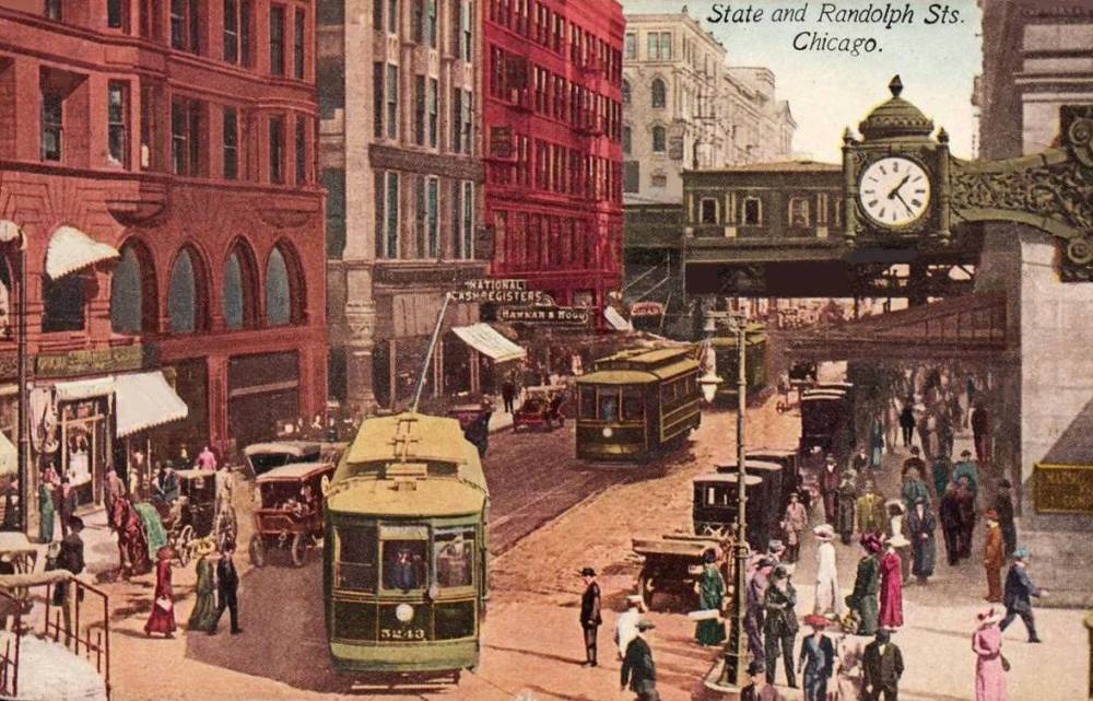 POSTCARD - CHICAGO - RANDOLPH AT STATE STREET - LOOKING NE - TINTED - 1913